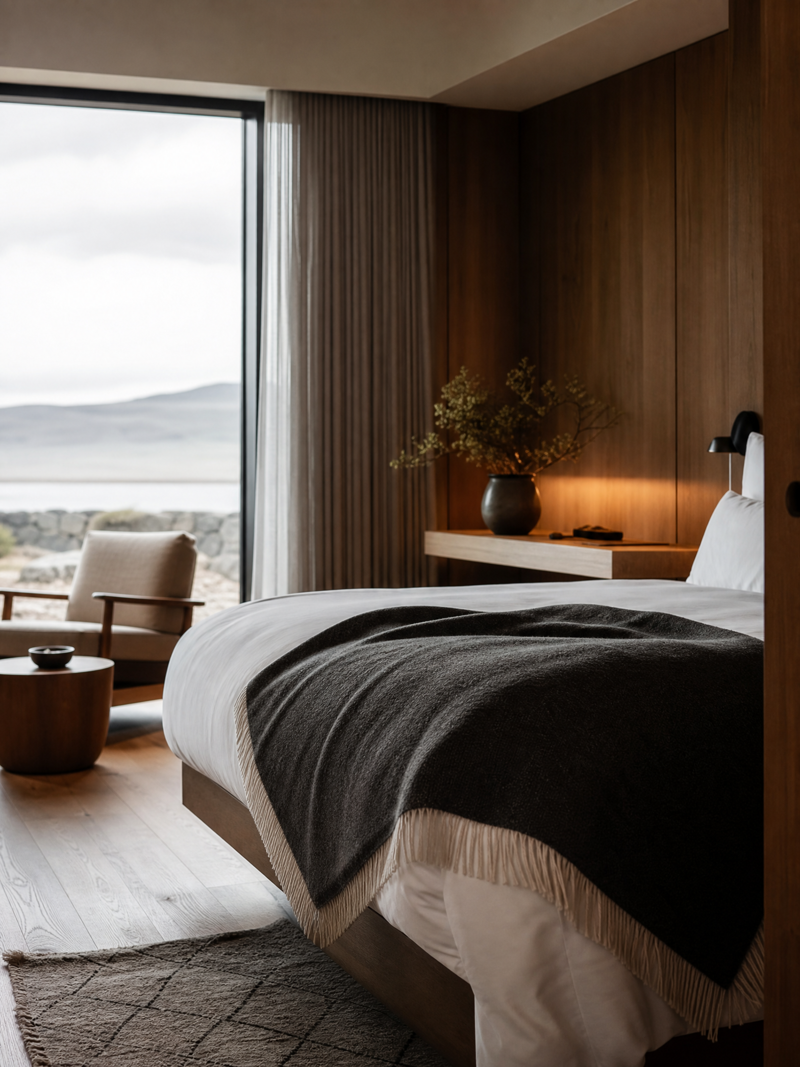 Luxury hotel room with Varma Icelandic wool blanket — Nordic minimalist design