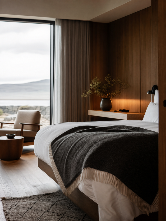 Luxury hotel room with Varma Icelandic wool blanket — Nordic minimalist design